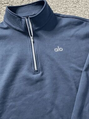 ALO Yoga Navy Crewneck Pullover with White Zip Trim